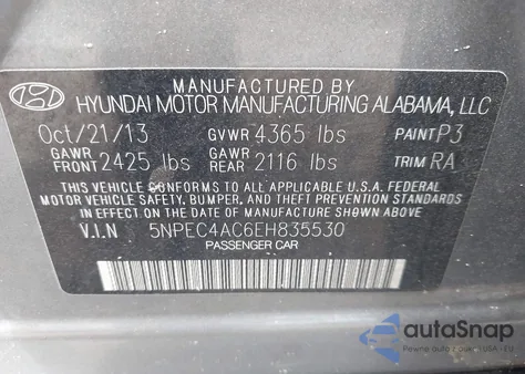2014 Hyundai Sonata Se z USA, uszkodzony, nr VIN 5NPEC4AC6EH835530